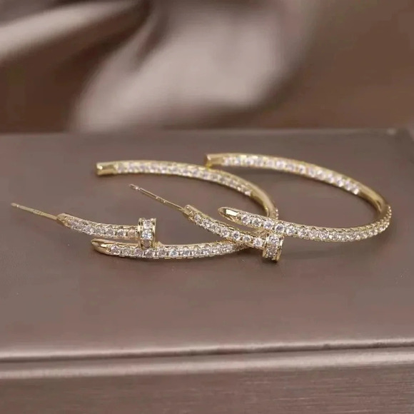 Gold Nail Crystals Hoop Earrings - Picture 6 of 6